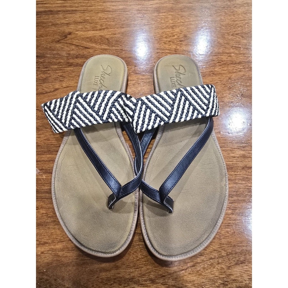 Skechers Women's Size 7 Strappy Sandal Black White Tan Braided Slip On Synthetic